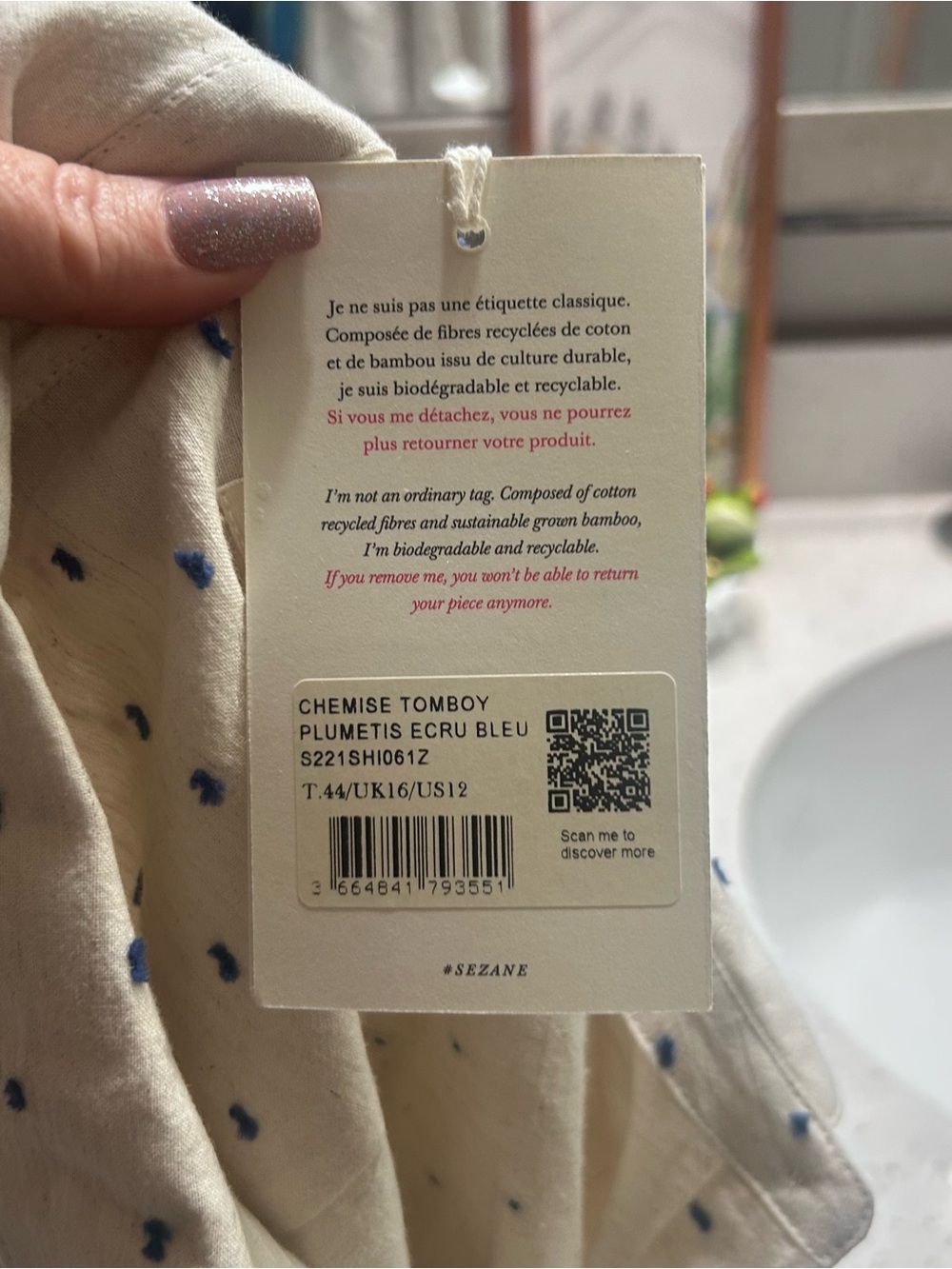 Sezane 'Tomboy' Shirt in Plumetis Ecru/Blue NWT sz 44/US 12 - Picture 8 of 12